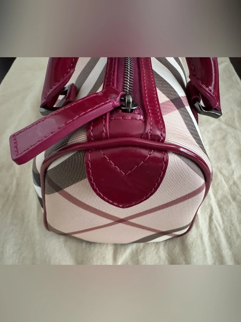*Like New* Burberry Haymarket Check Bowling Bag with Bold Red Leather Trim